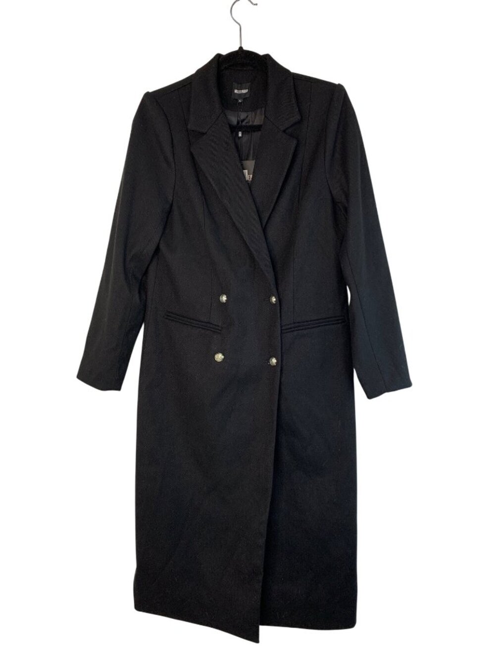 Missguided Black Double-Breasted Longline Coat With Crest Buttons Size 8 US NWT - Picture 2 of 11